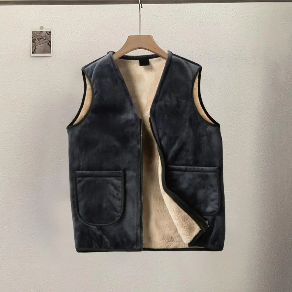 Men Waistcoat Men's V-neck Velvet Lined Vest Coat with Pockets Zipper Closure Thickened Warm Waistcoat for Winter Casual Men