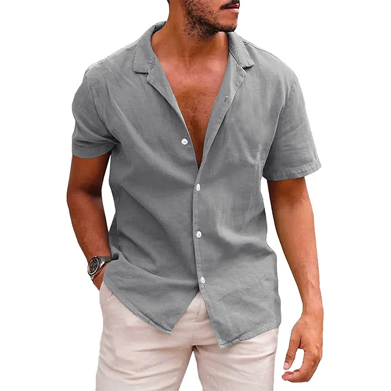 2023 Summer T-shirt Men\'s Casual Lapel Button Cotton Linen Tshirt Solid Short Sleeve Shirt