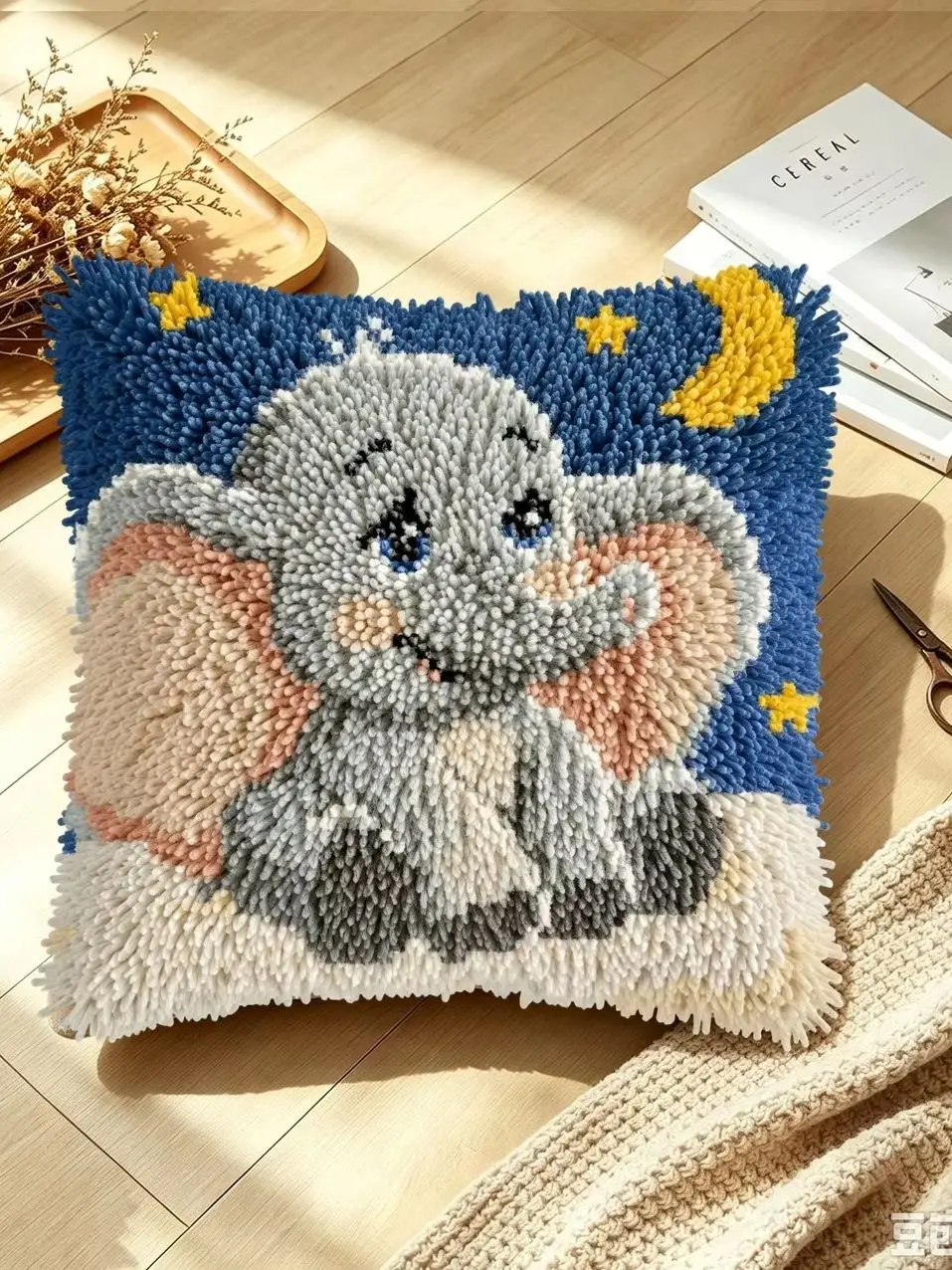 1 Set Mond-Elefanten-Knoten-Kissen-Set mit Häkelnadeln, Kissenbezug-Set für Handarbeiten, Häkelnadel-Sets, DIY, anfängerfreundlich, Stickerei – Detail 1
