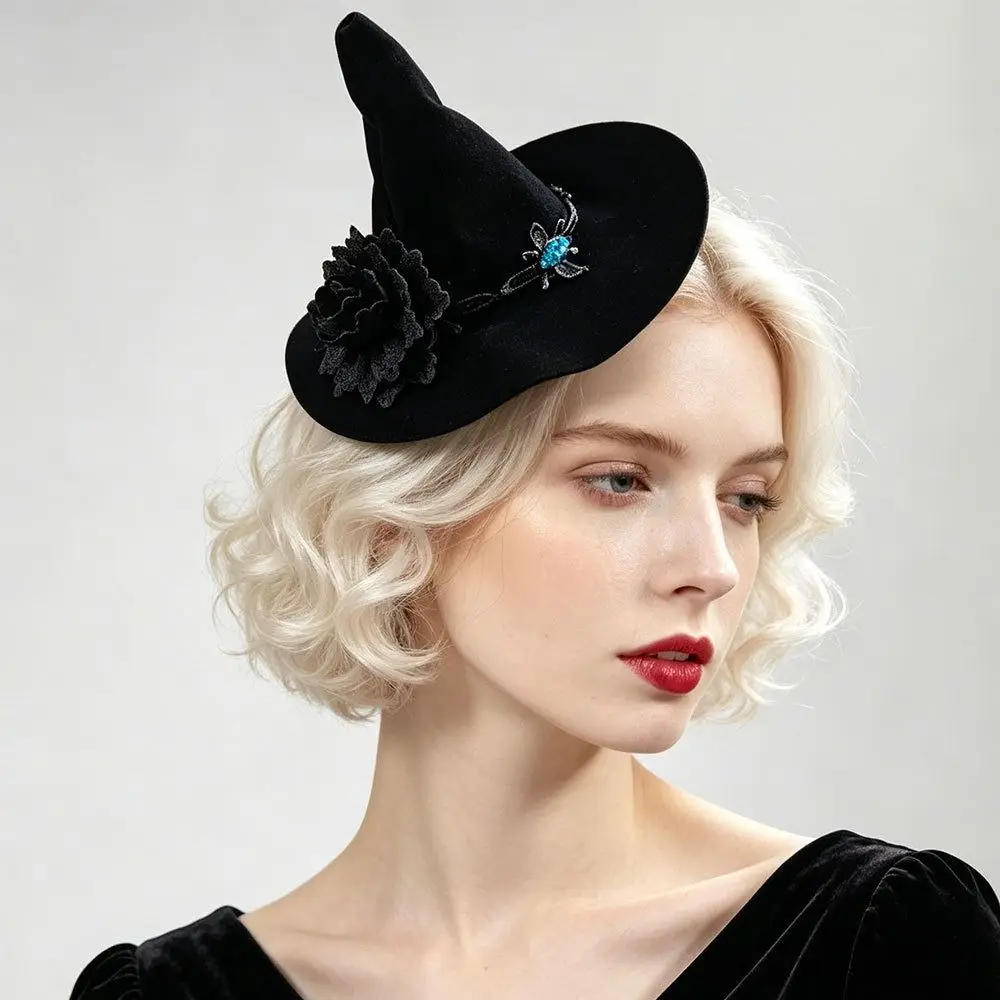 Flower Witch Hat Hair Clip Skull Spider Gothic Style Halloween Hair Clip Dark Black Headdress Witch Hairpins Costume Party