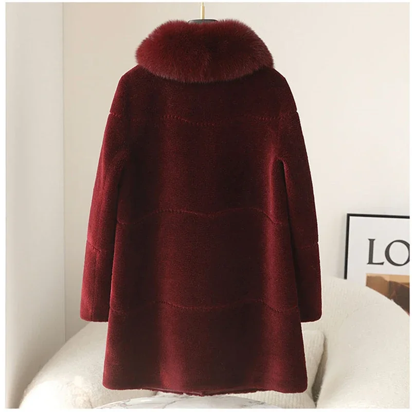 Frauen Winter lange Wolle Pelz Mantel Jacke weibliche Fuchs Pelz Kragen Mäntel Dame über Größe Parka Graben ct249