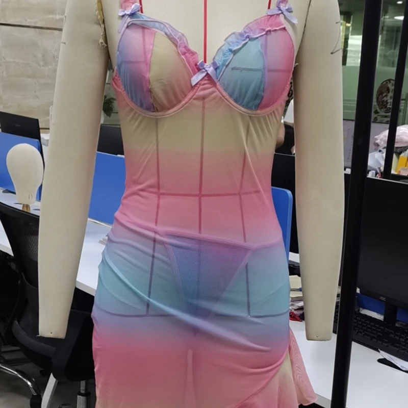 

Женская прозрачная ночная рубашка, радужное градиентное платье с v-образным вырезом и рюшами на бретельках, одежда для сна, нижнее белье, сорочка