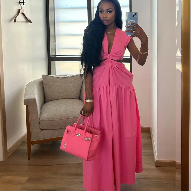 

Women Solid Backless Tie Up A-line Maxi Dress Fashion Deep V Neck Sleeveless Party Long Robe Vacation Beach Outfits Streetwear