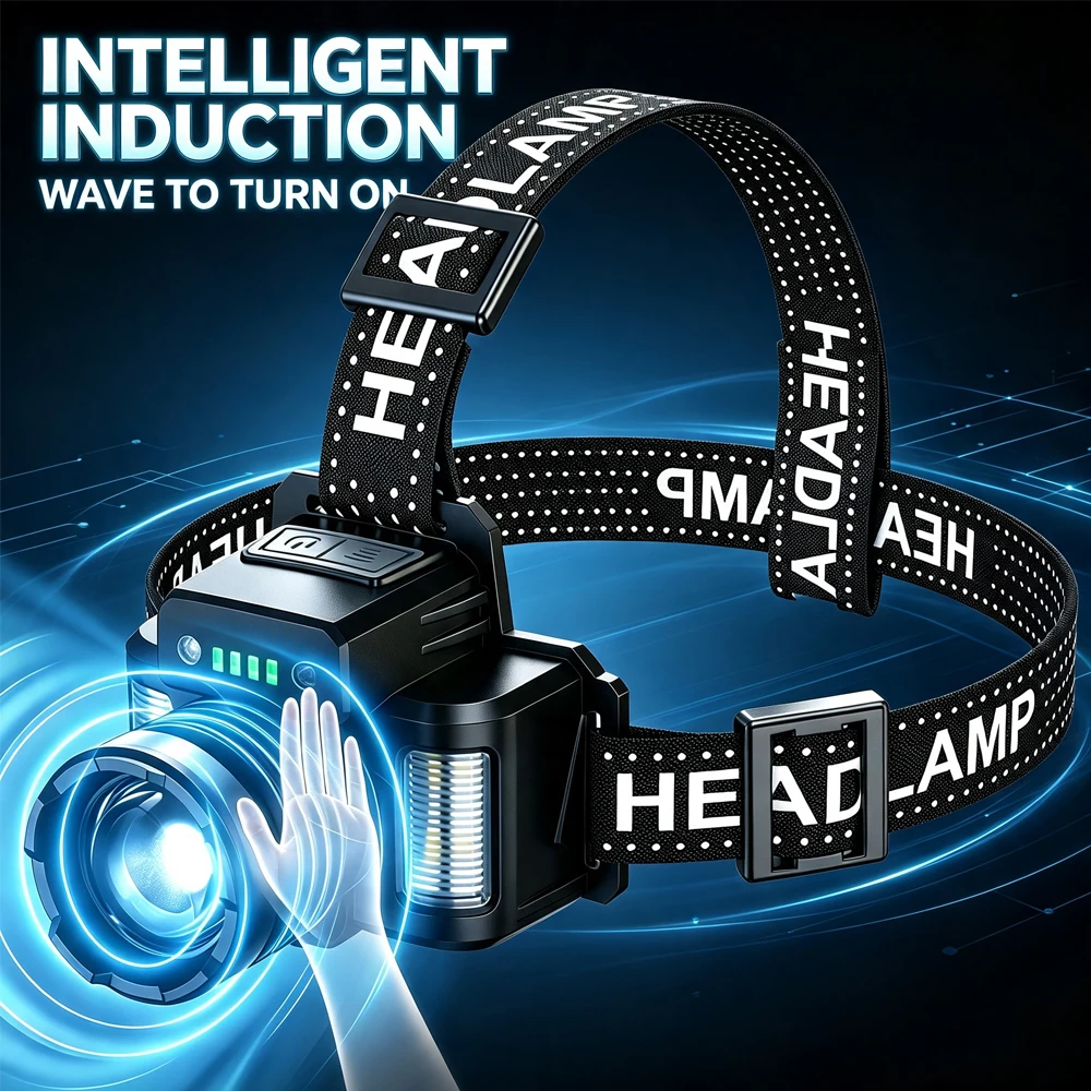 Smart Sensor Headlamp Powerful Induction Head Lamp Long Range Spotlight USB Rechargeable Output Outdoor Fishing Hiking Headlight