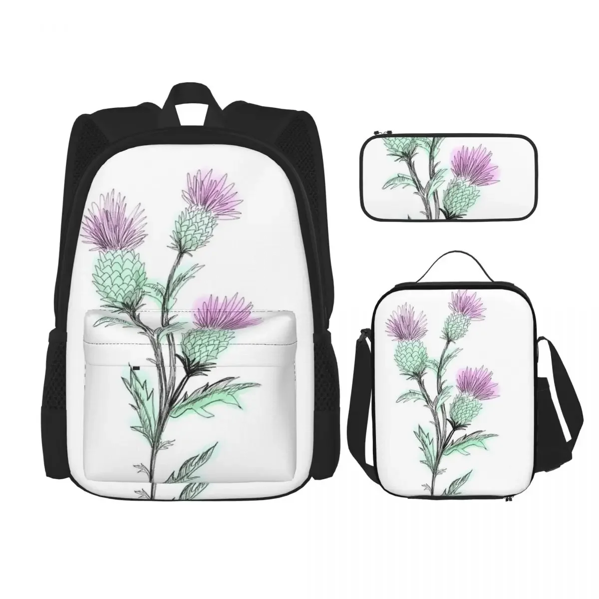 

Watercolor Thistle Backpacks Boys Girls Bookbag Children School Bags Cartoon Kids Rucksack Lunch Bag Pen Bag Three-Piece Set