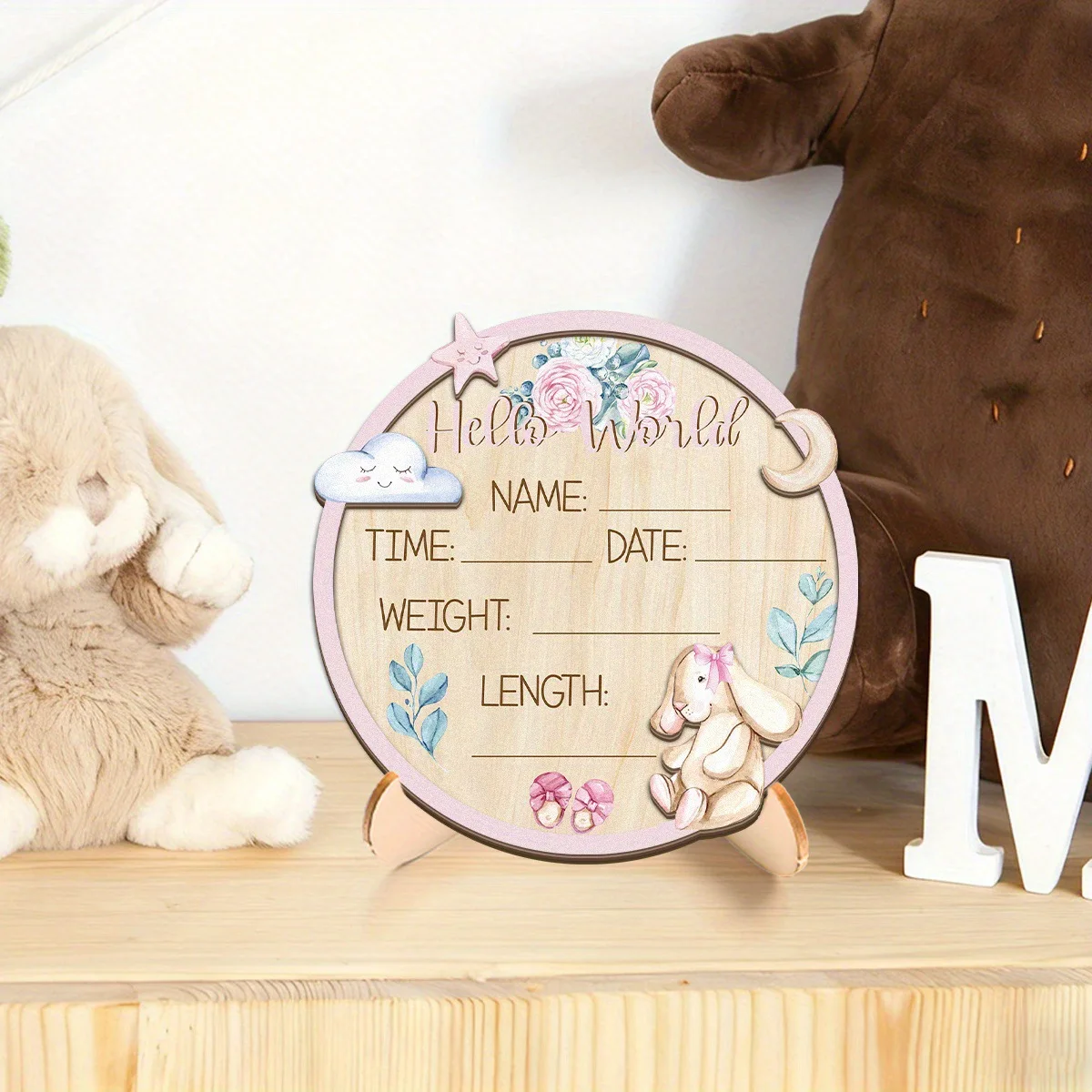 Newborn Commemorative Milestone Wooden Plaque, Small Rabbit Pattern Wooden Ornament, Baby Birth Announcement Sign, Welcome Sign