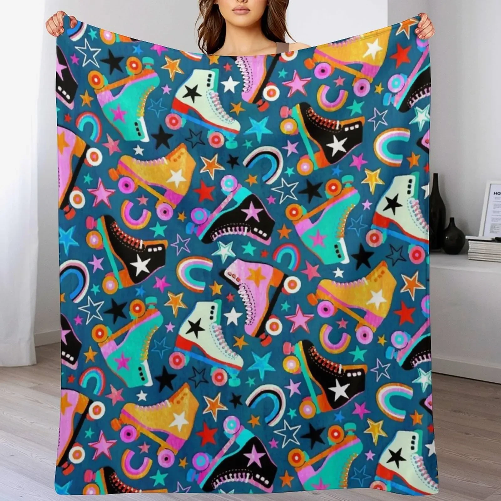 

Retro Rainbow Roller Skates and Stars Throw Blanket Color Fast Cozy Throw Blanket
