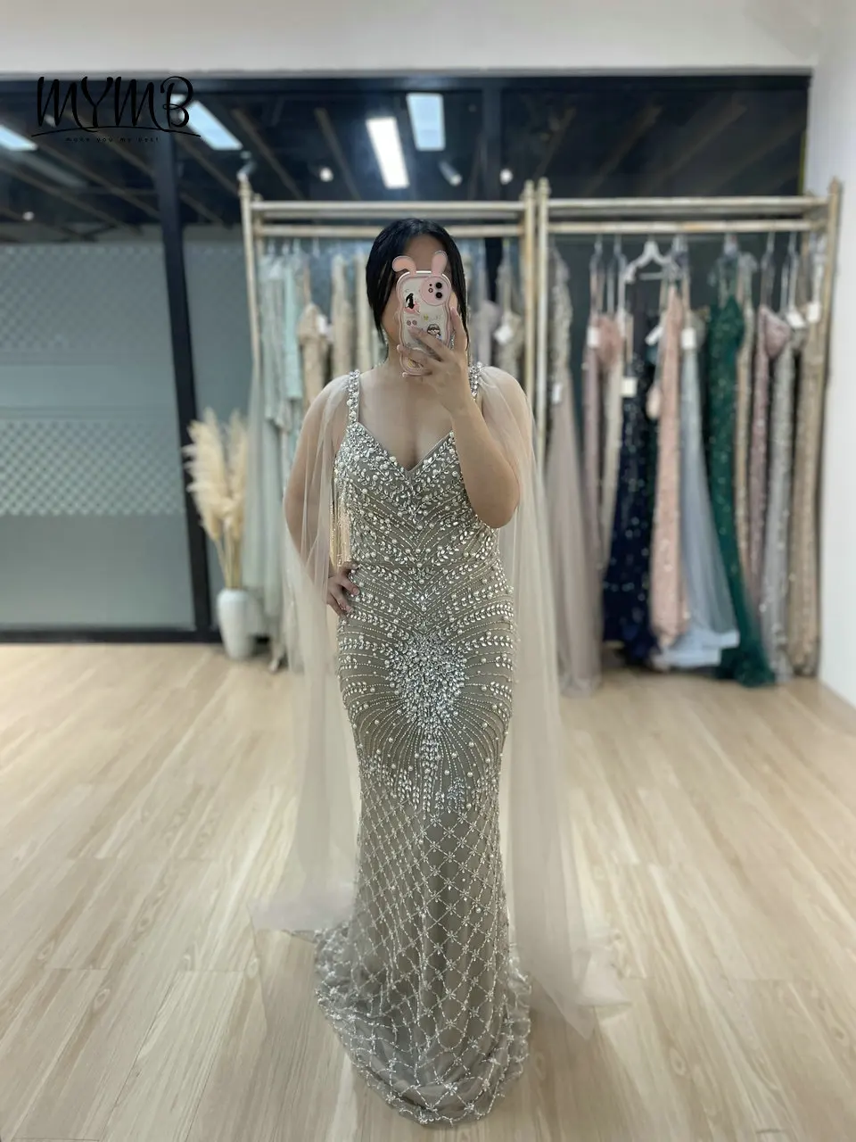 MYMB Nude Stunning Cape Sleeves Evening Ball Gowns for Wedding Guest Dubai Luxury Beaded Mermaid V Neck Elegant Party Dresses