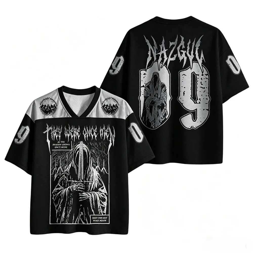 2026 Retro Dark Fantasy Wraith Knight Graphic Short Sleeve Jersey Circular Scene Shoulder Decor  Unisex Goth Street Top
