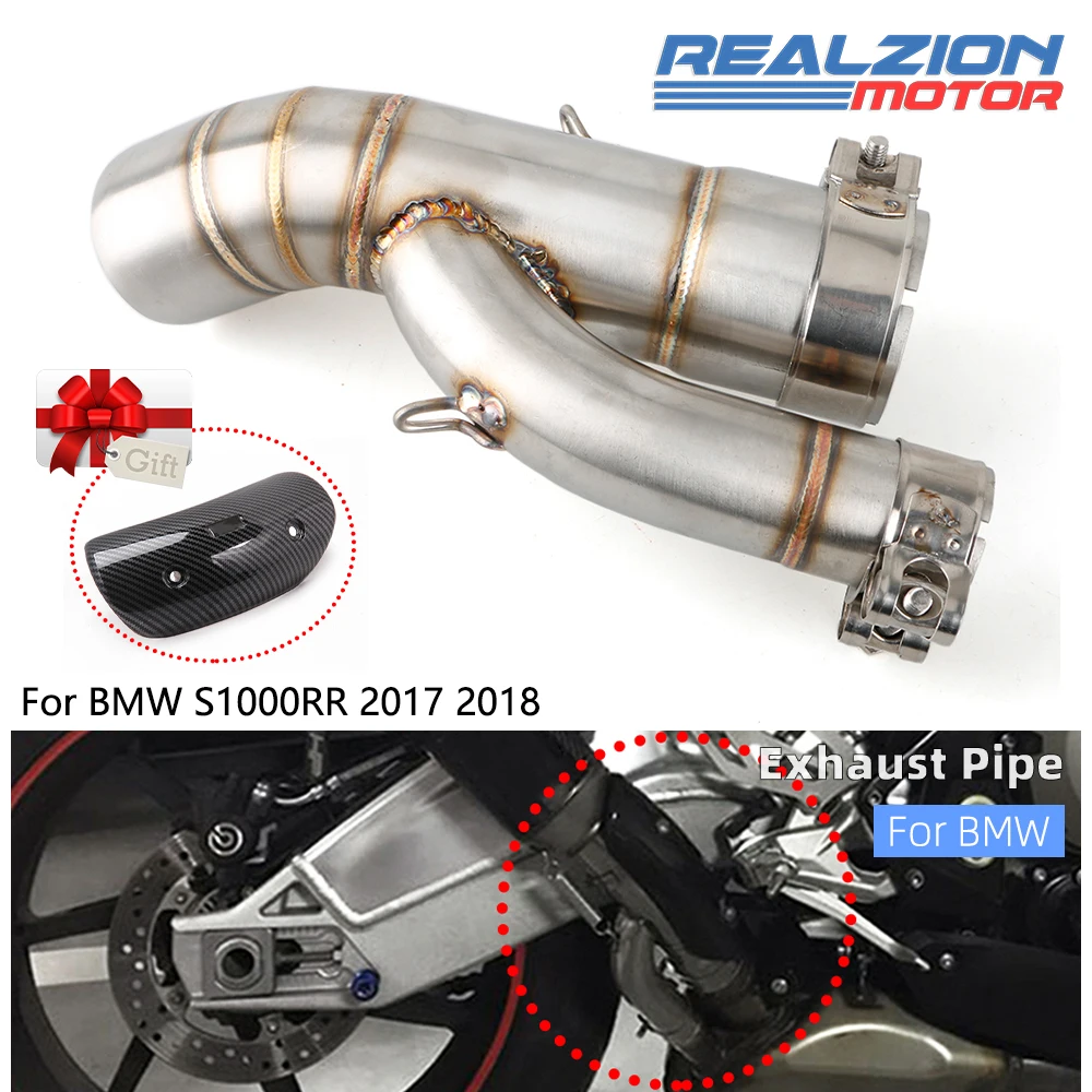 REALZION S1000 RR Exhaust Middle Pipe Motorcycle Slip-On Link Pipe Connect Tube With Heat Shield Cover For BMW S1000RR 2017 2018