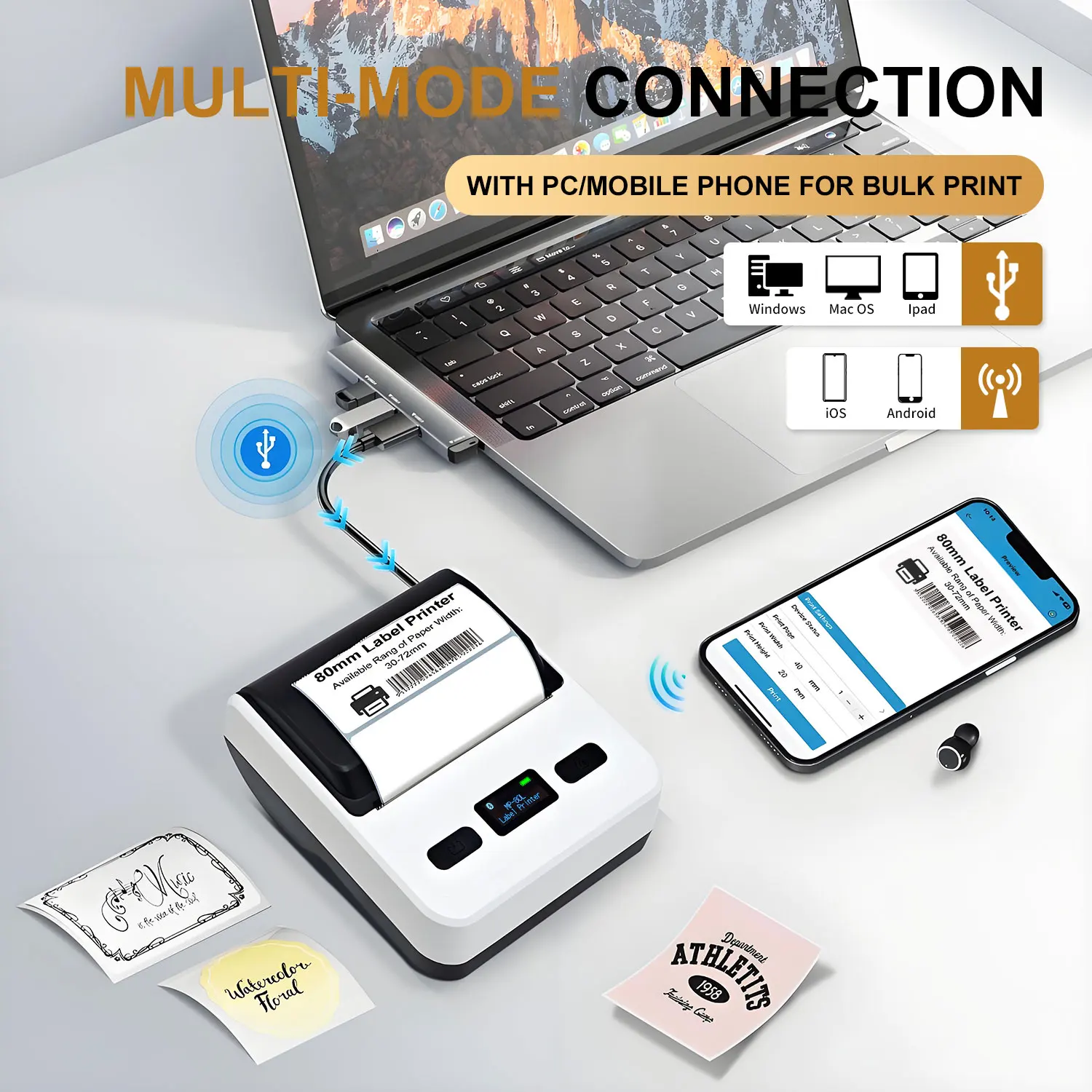 

HZTZ 30-80mm Mini Portable Thermal Label and receipt printers BT Barcode Hand Multifunctional Price Label Sticker With battery