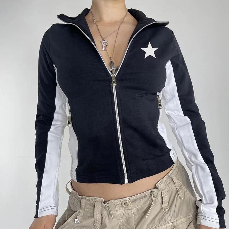 

Women's Vintage Jacket Clothing Casual Coat Long Sleeve Lapel Star Print Zipper Outerwear with Pockets Clothes Streetwear Y2k