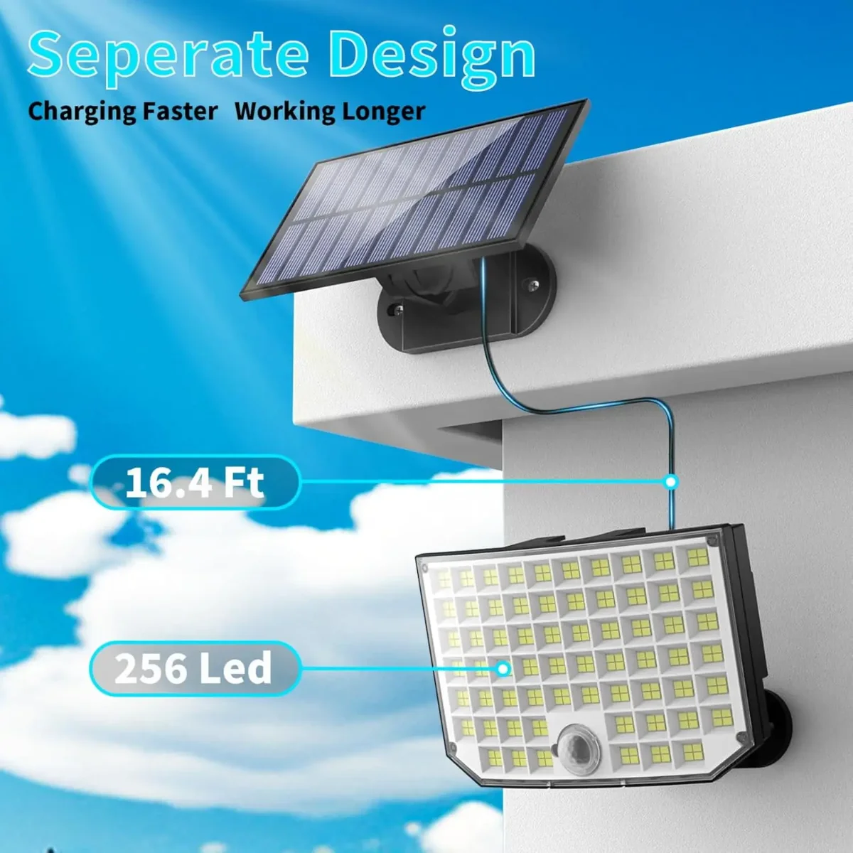 256 أضواء LED تعمل بالطاقة الشمسية في الهواء الطلق مع مستشعر حركة كابل 5 متر IP65 أضواء أمنية مقاومة للماء لإضاءة المرآب في الفناء #5