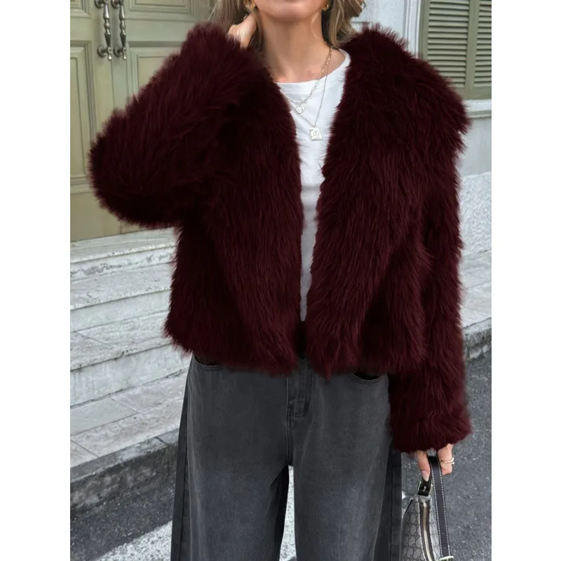 Fashion women's autumn and winter casual plush solid color long-sleeved coat warm jacket