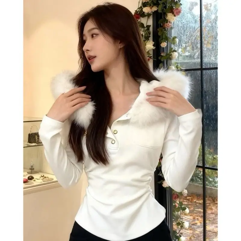 Y2K Harajuku Grunge Sexy fille chaude à capuche col de fourrure à manches longues T-Shirt haut pour femme printemps haut d'automne chemises esthétique Streetwear