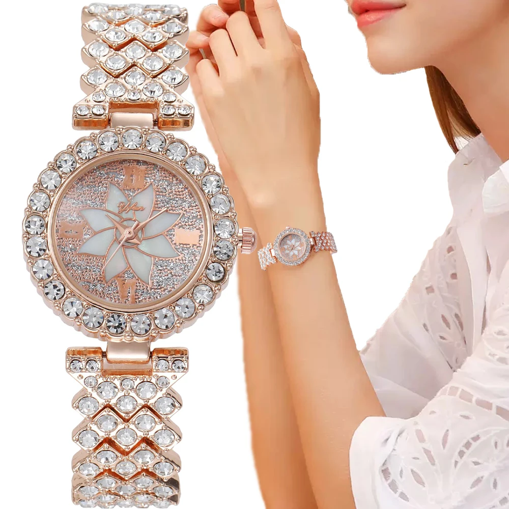 

Luxury Women's Watch Metal Strap Full Diamond Rhinestone Marble Textured Petal Pattern Metal Strap Quartz Watch for Women Gift