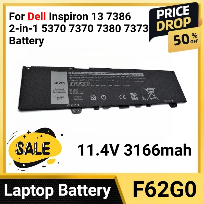 

F62G0 11.4V 3166mah For Dell Inspiron 13 7386 2-in-1 5370 7370 7380 7373 Battery for Vostro 5370 RPJC3 P91G P83G P87G
