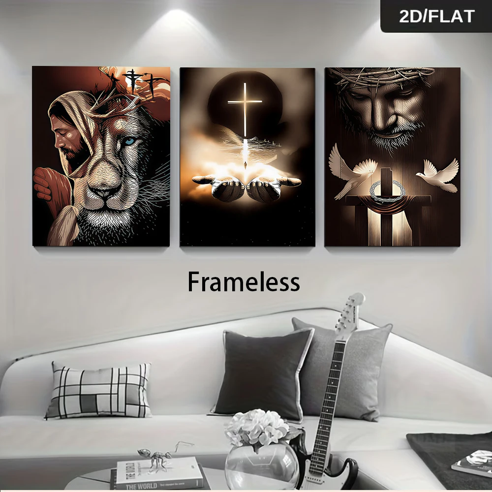 1 set of Christian faith triptych Jesus Lion Cross mural modern minimalist home frameless decoration painting 2D plan