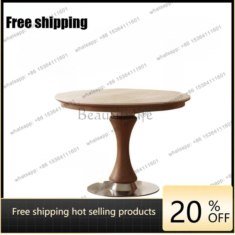 YJ travertine rock slab telescopic round solid wood dining table variable oval stretching small apartment