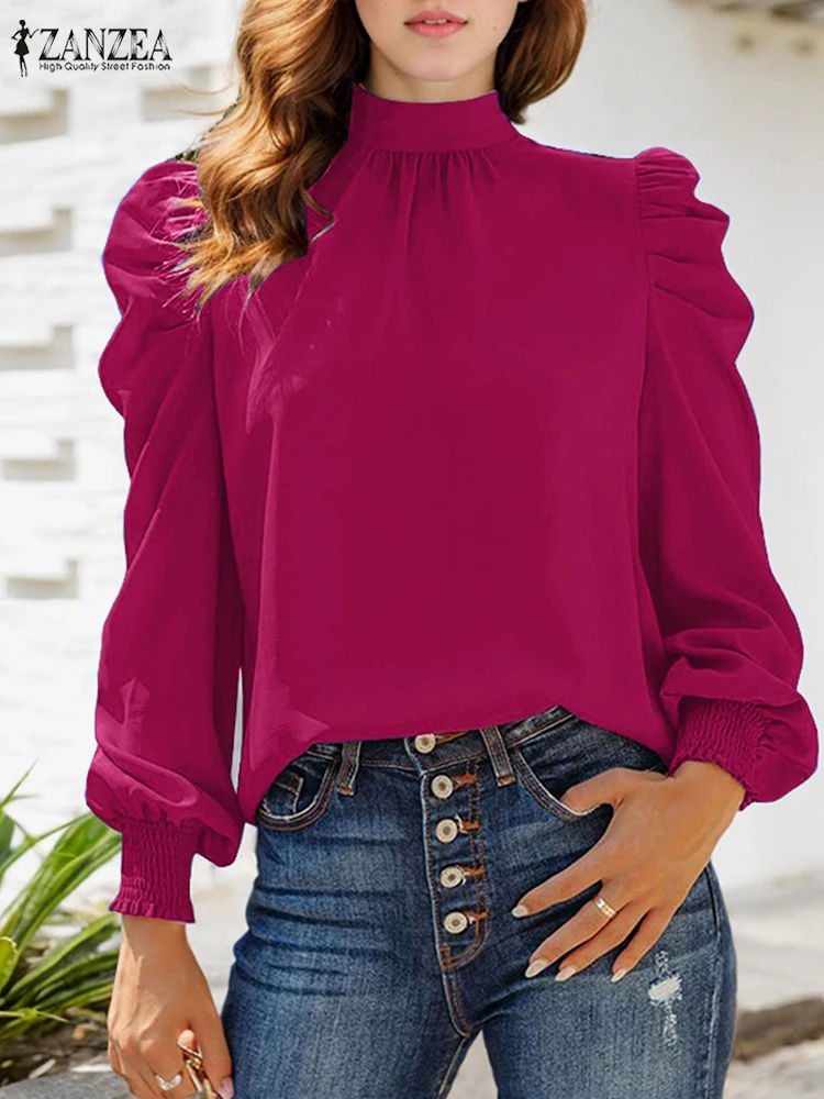 Fashion Office Lady Tops Casual Spring Party Blusas ZANZEA Autumn Elegant Shirt Women's Stand Collor Long Puff Sleeve Blouse