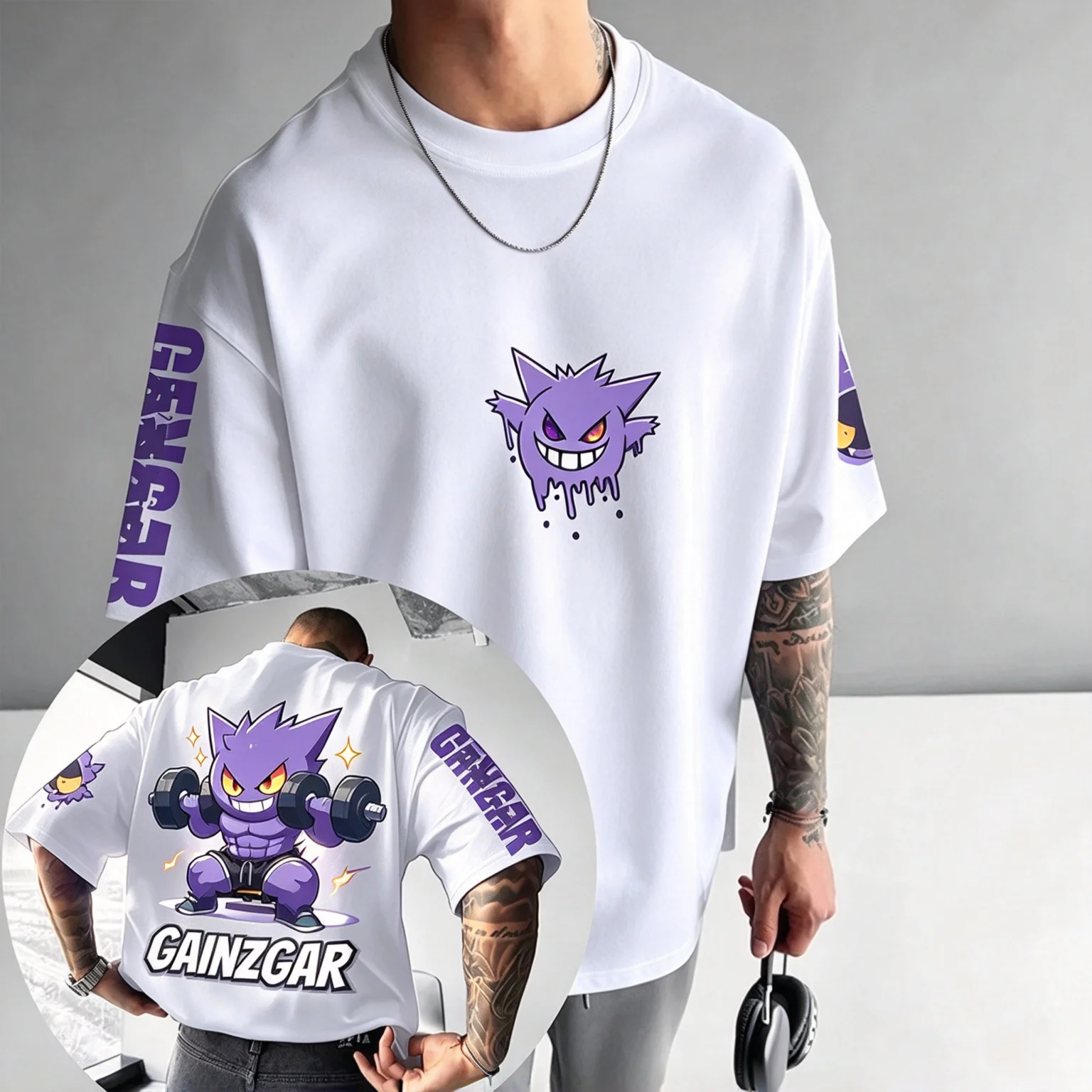 camiseta-branca-masculina-e-feminina-com-estampa-grafica-retro-e-moderna-do-pokemon-gengar-tema-fantasma-venenoso-e-escuro-manga-curta-oversized-estilo-streetwear