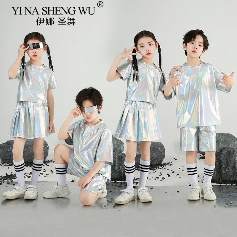 جديد الفتيان والفتيات الهيب هوب مجموعة فضية اللون ملابس رقص الجاز الأطفال أداء الملابس موضة المدرج الشارع ملابس رقص #5