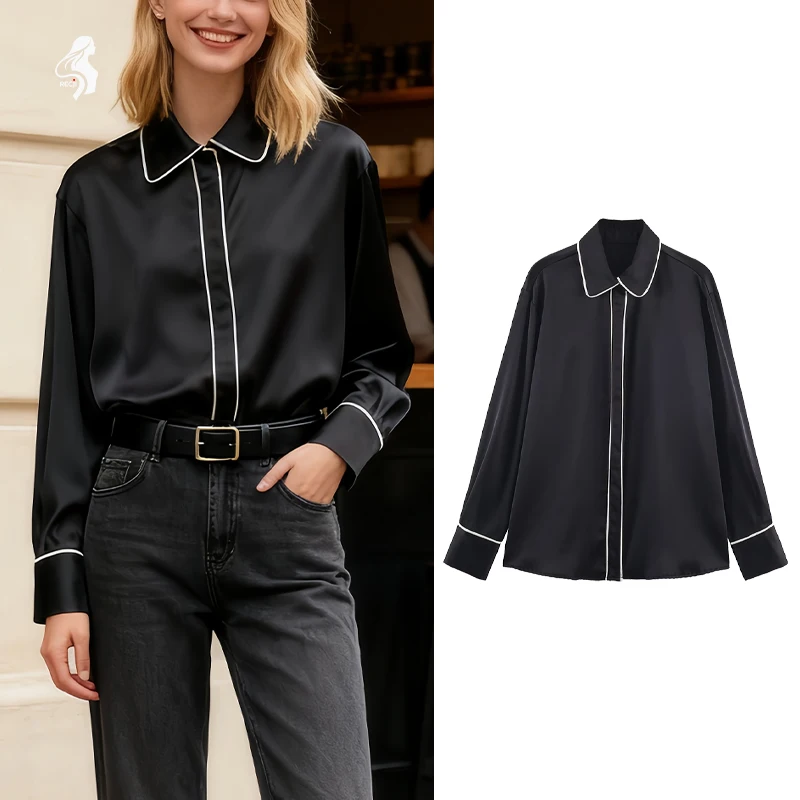 

Womens Shirt With Satin Texture Contrast Trim Long Sleeves Turn Down Collar Loose Fit Everyday Essential Fashionable Shirt