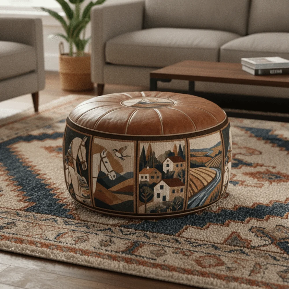 PU Leather Oil Painting Pattern Stool Cover Unfilled Waterproof Pouf Cover Rustic Style Large Capacity Clothes Storage Bag