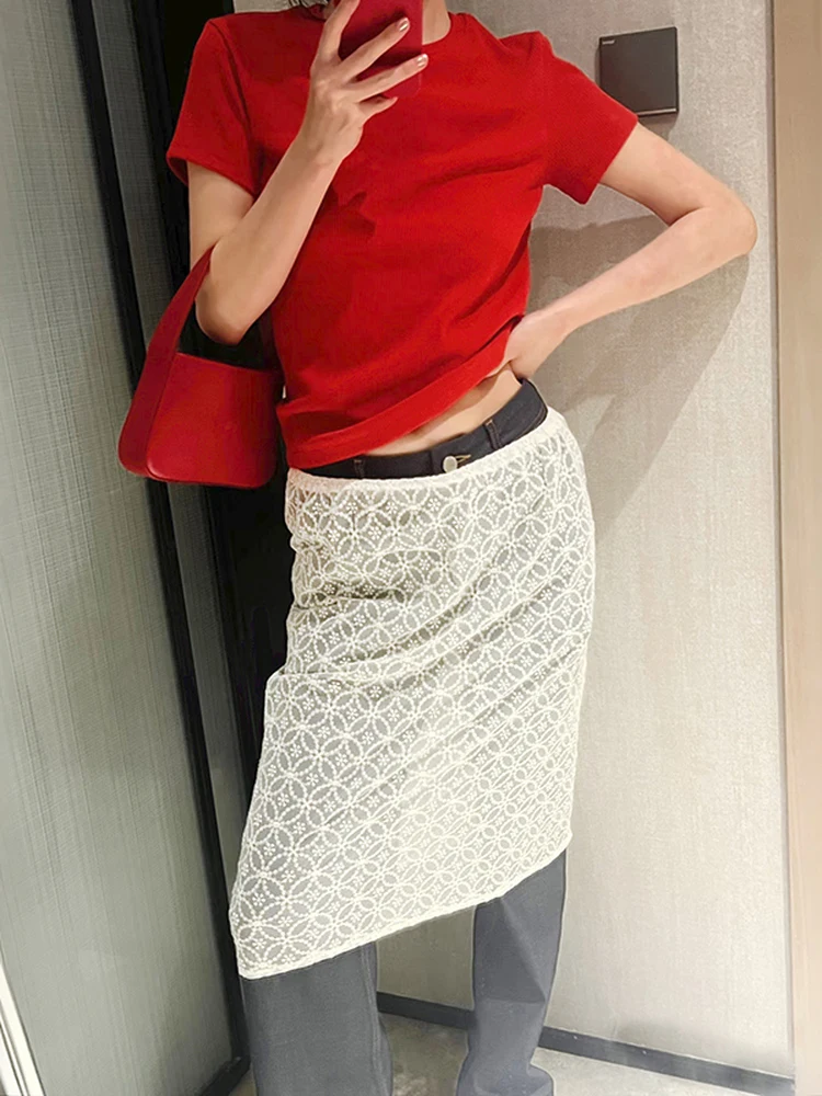 Spring 2026 Fashionable Hollow out Knitted Half Skirt Women's mid Waist Cotton Straight Cut Floral Pattern See through Sensation