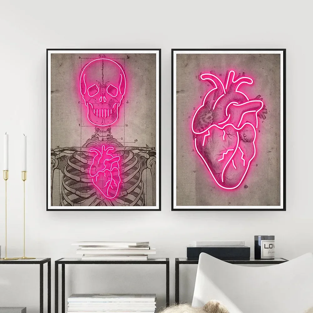 

Neon Heart Skeleton Retro Picture Wall Art Canvas Painting Posters and Prints Home Decor Murals Living Room Hospital Decoration