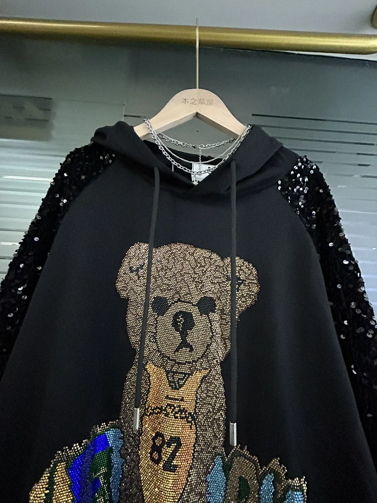 Fashion Cartoon Bear Rhinestone Hooded Sweatshirts Women 2023 Spring Autumn Korean Style Loose Sequins Long Sleeve Trendy Jacket