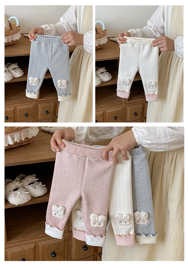 0–5 Jahre Kinder-Mädchen-Leggings, Kleidung, 2026, Frühling, mit Fleece gefüttert, niedliches Kaninchen, bestickt, warme lange Hose, weiche, dehnbare Hose – Detail 2