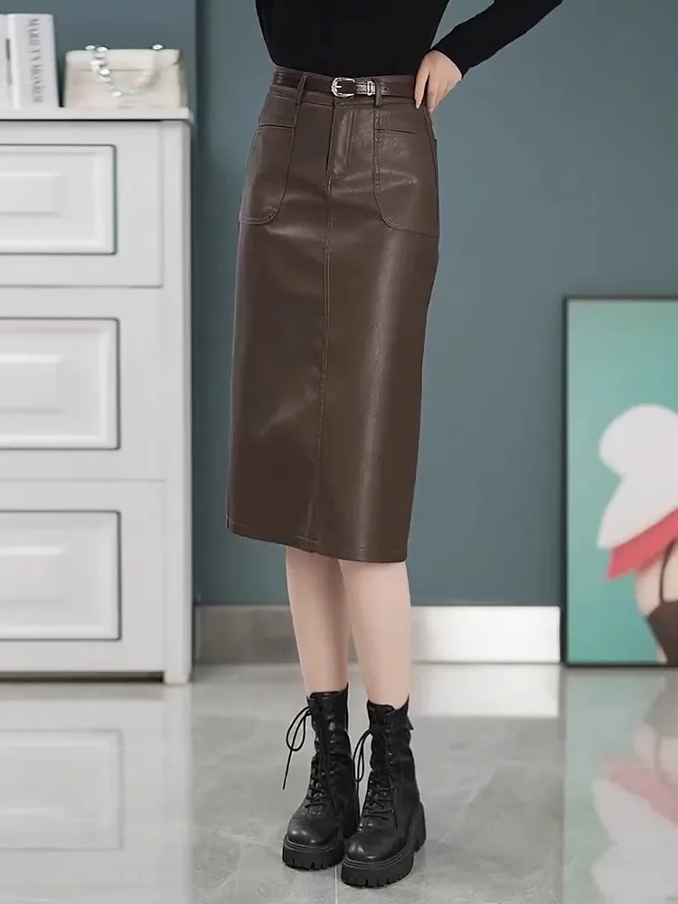 Autumn Winter PU Leather  Skirt Women's New Style High Waist Slim Fit One Step Straight Cut Skirt Korean Style Commute