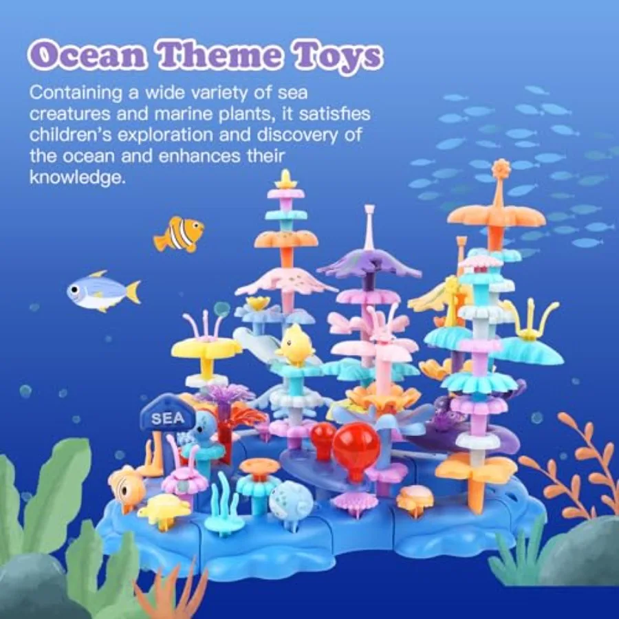96PCS Ocean Adventures DIY Building Stacking Toys SetEducational STEM Toy Gift for with Organizer Box Fun Cognitive Learning To