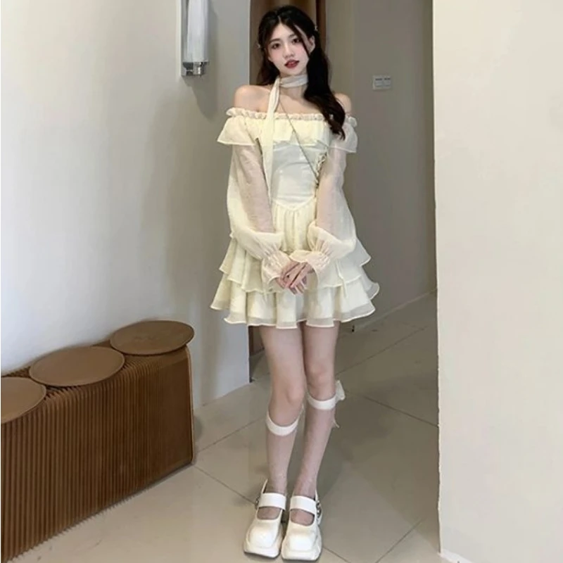 Sweet Lolita Style Dress Korean Harajuku Slash Neck Mesh Ruffles Bandage Princess Dresses Girls Cute Puff Sleeve Party Dress