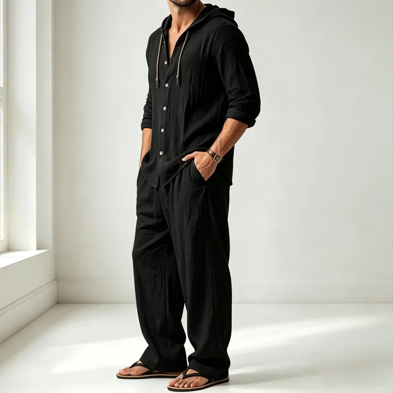 Men Hooded Button Shirt Wide Leg Pants 2 Piece Set Wrinkle Textured Casual Outfit Loose Vacation Linen Style Tracksuit