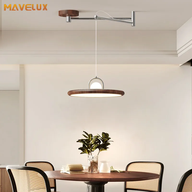Led Restaurant Pendant Lights Rocker Arm Walnut Wood Grain Retro Dining Table Bar Round Chandelier Simple Interior Lighting Lamp