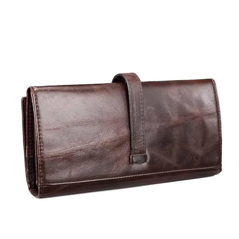 100% First Layer Long Wallet Men Leisure Business Vintage Oil Wax Genuine Leather Wallets Pocket Many Card Slot Purse Cowhide