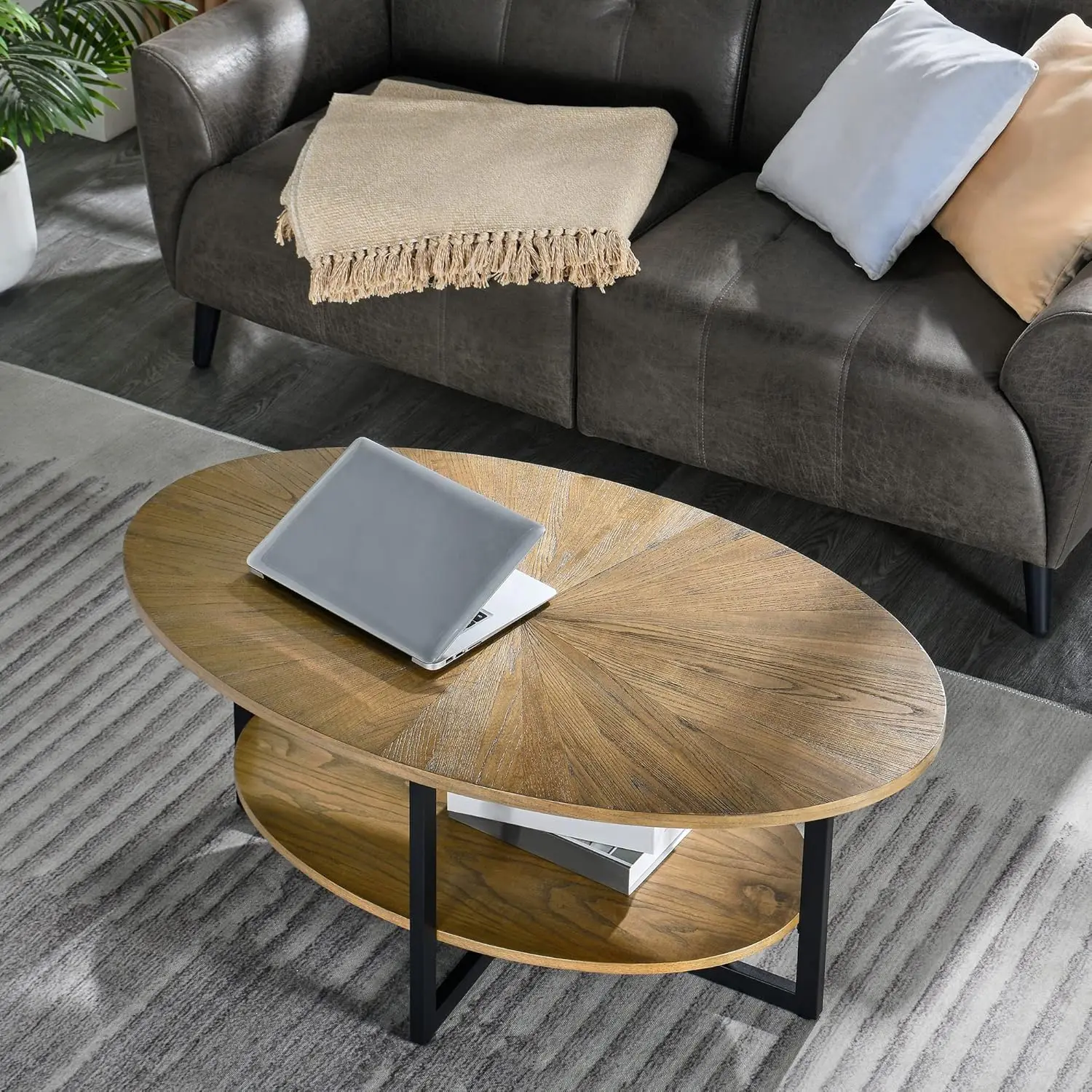 Solid Wood Oval Coffee Table With Cross Metal Legs, 43.3in Modern Center Table With Open Shelf Cocktail Tea Table For