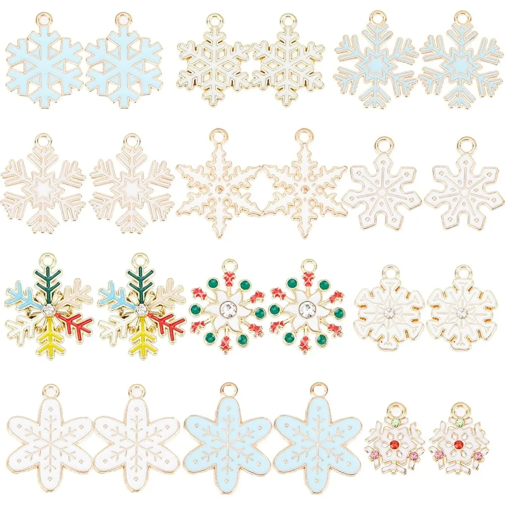 1 Box 48Pcs Snowflake Charms White Winter Charms Bulk Christmas Colorful Enamel Snow Charm Xmas Rhinestone Charms for Jewelry