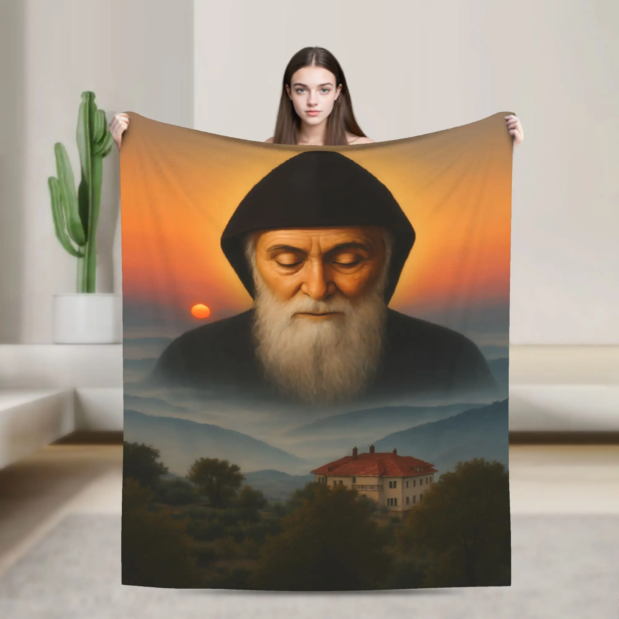 Reverent Saint Charbel Black White Portrait Flannel Blankets  Warm Soft Throw Blanket for Couch Bed Airplane Bedspread Sofa Bed