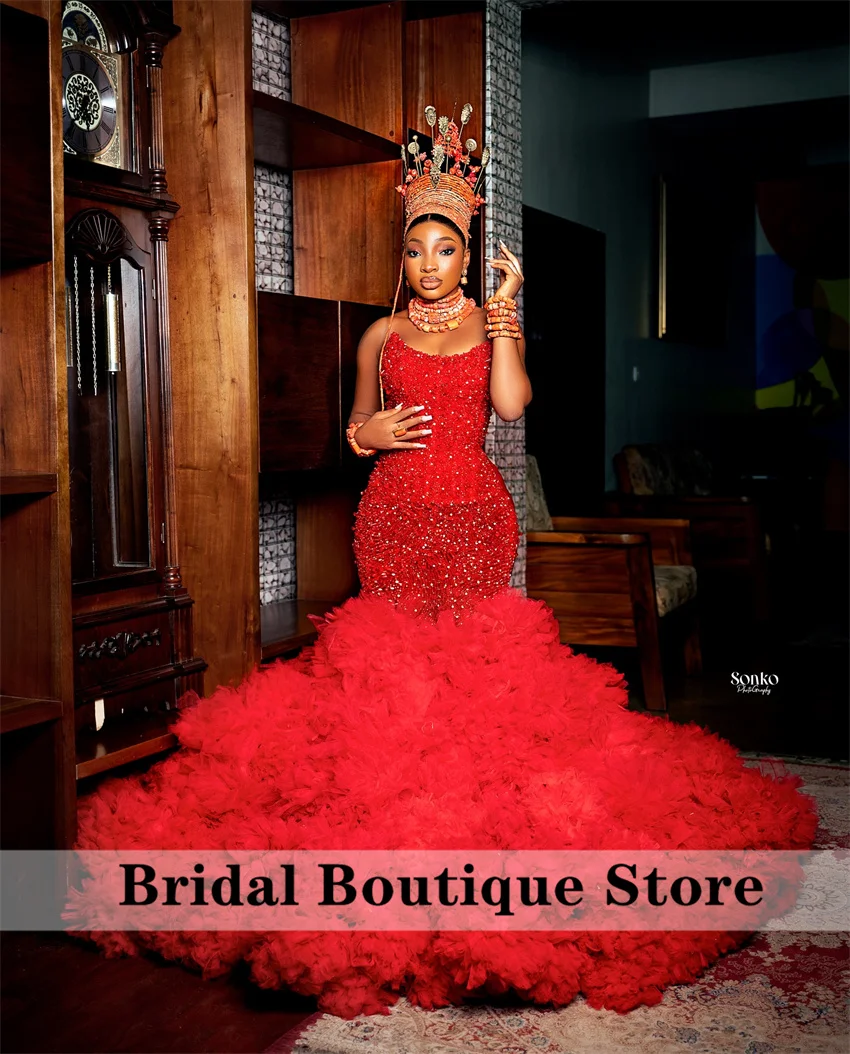 

New Design Sparkly Red Diamonds Evening Dress Puffy Bottom Beads Crystal Prom Party Dress Vestidos De Fiesta Customized