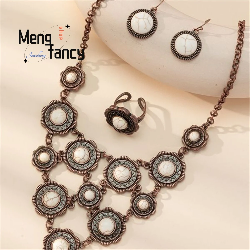 

Bohemian Vintage Multi-Layer Round White Pine And Blue Pine Necklace Earrings Ring Jewelry Set Elegant Fashion Jewelry Exquisite