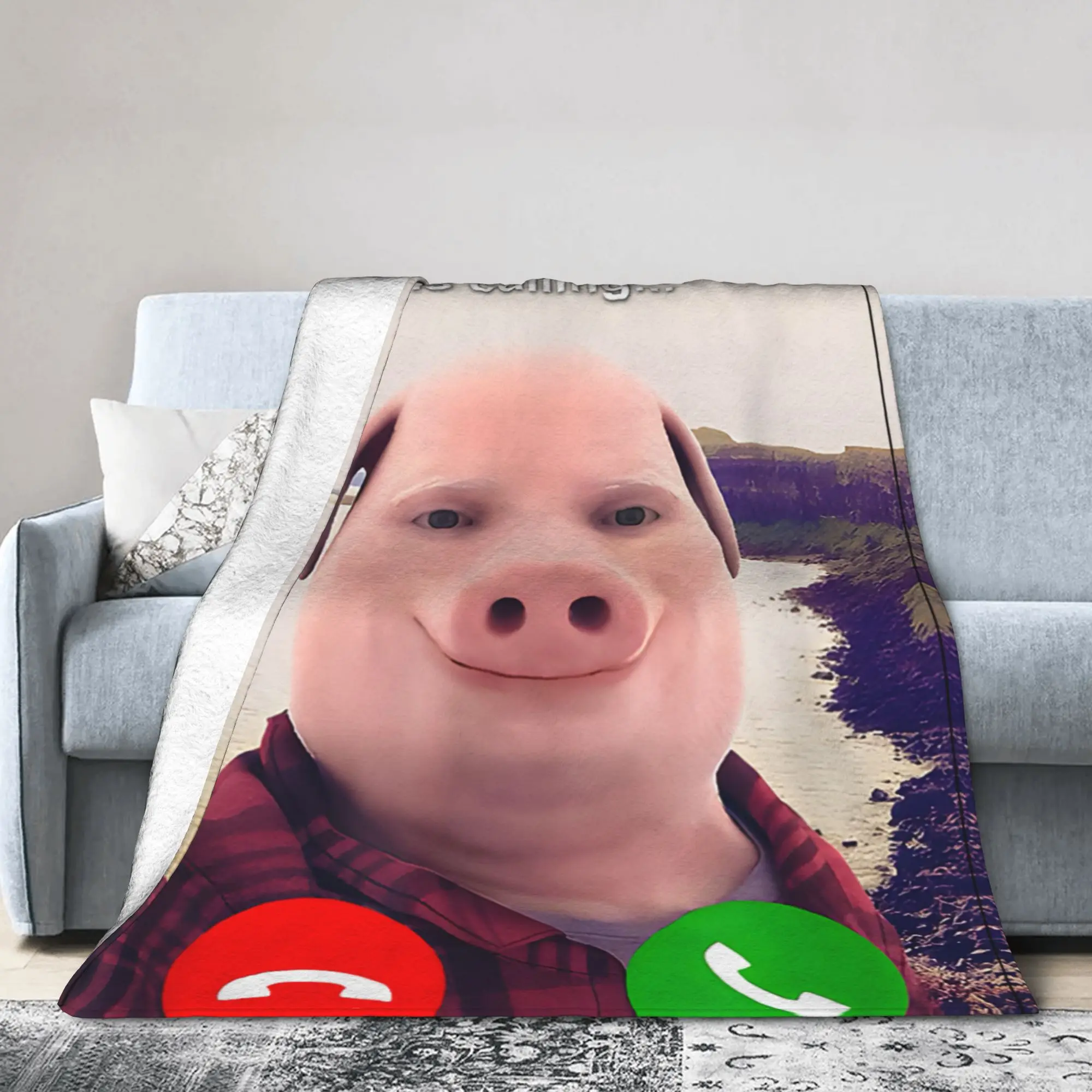 John Pork Is Calling Answer Call Phone Flannel Throw Blanket Humor Funny Pig Knitted Blanket Gift Soft Multi-function Throws