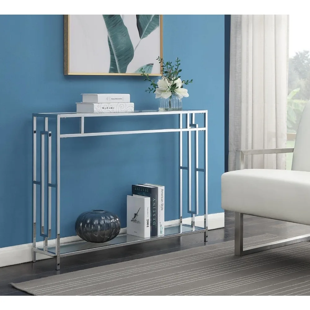 

Console Table, Town Square Chrome Console Table with Shelf, Glass/Chrome, Accent Tables