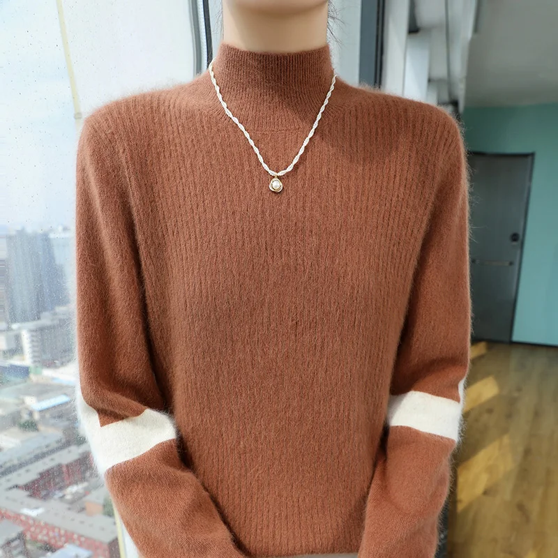 

Women's Sweater With Semi High Collar, Pullover, Long Sleeved, Slim Fit, Knitted Base, Korean Version New Mink Cashmere Sweater