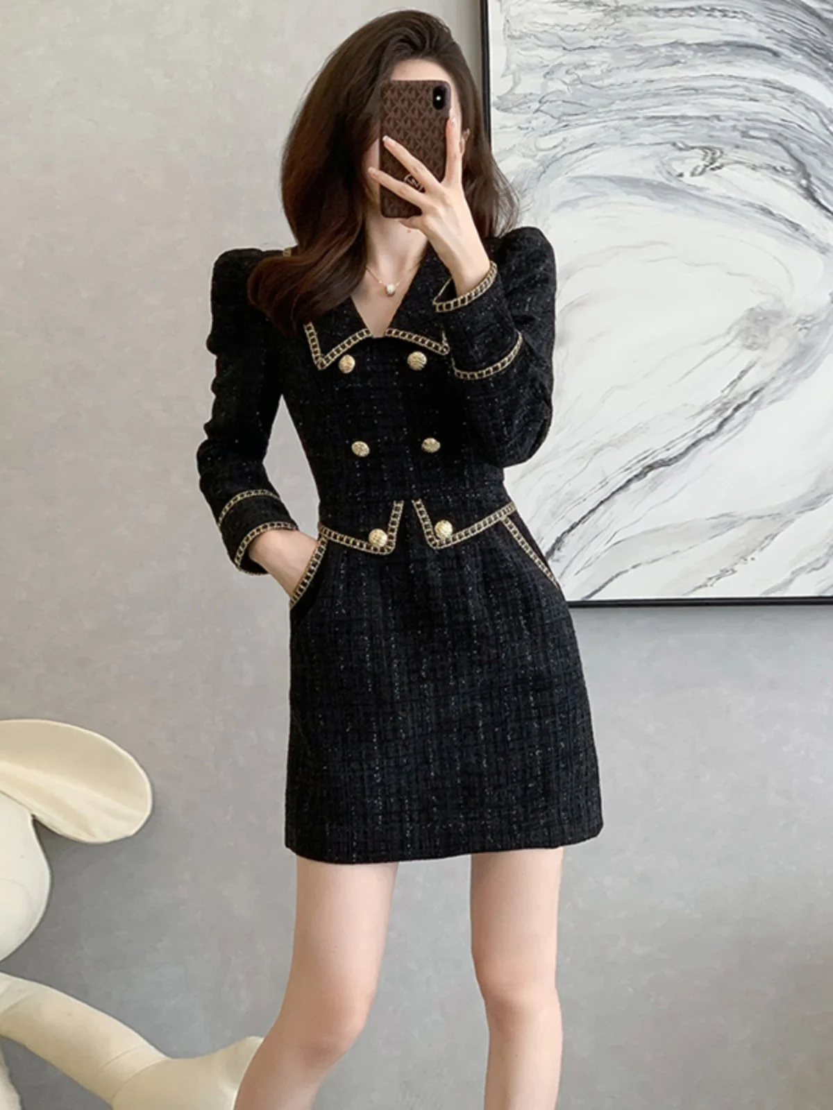 Vestido F E Estilo Hepburn Preto com Saia Godê de Cintura Alta em Tecido de Poliéster Manga Longa Curto para Ou...