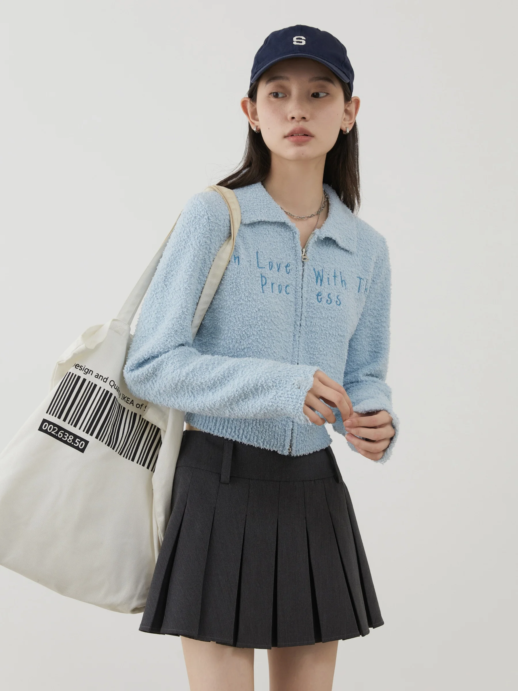 

Autumn Winter Short Knitted Jacket Letter Embroidery Turn-down Collar Sleeve Design Women's Cardigan Warm Straight-cut Style