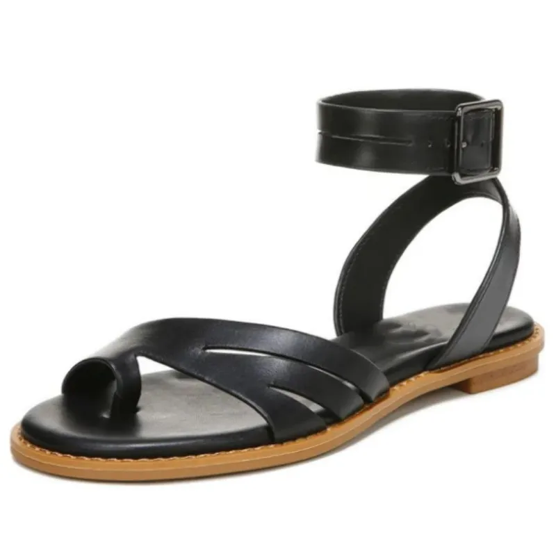 

DIZHUANG Модные женские босоножки на плоском каблуке. Черные босоножки из искусственной кожи. Босоножки с пряжкой на щиколотке. Повседневная рабочая обувь для показа мод. 34-46