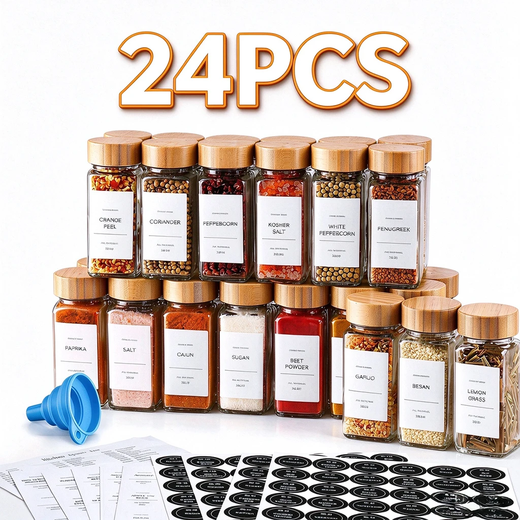 6/12/24 Pack 6oz Empty Glass Spice Jars with Bamboo Lids, Airtight Small Seasoning Storage Containers with Labels, Kitchen Organization & Pantry Essentials